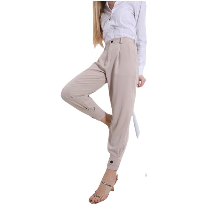 METIS GLAM Pantaloni vita alta pence beige bottone fondo Abbigliamento